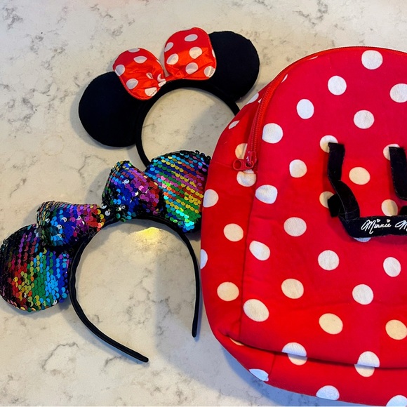 Disney Other - Disney Red and White Polka Dot Minnie Mouse Backpack with 2 Headbands
